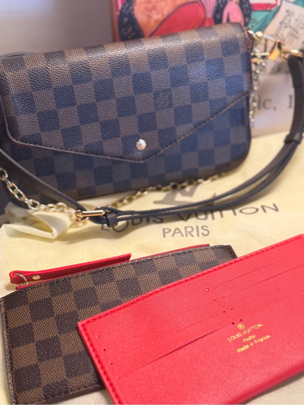 Brown Damier Check Crossbody with Red Cardholder Accents
